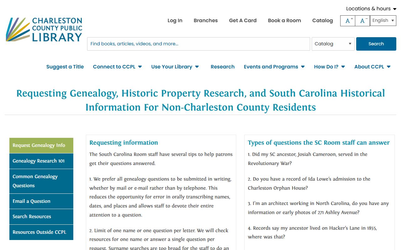 Charleston County Public Library South Carolina Room genealogy collection