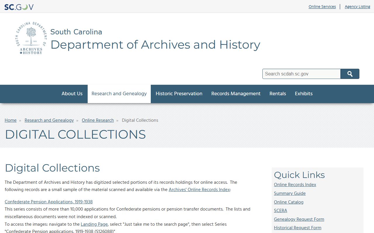 South Carolina Archives digital collections page with genealogy resources