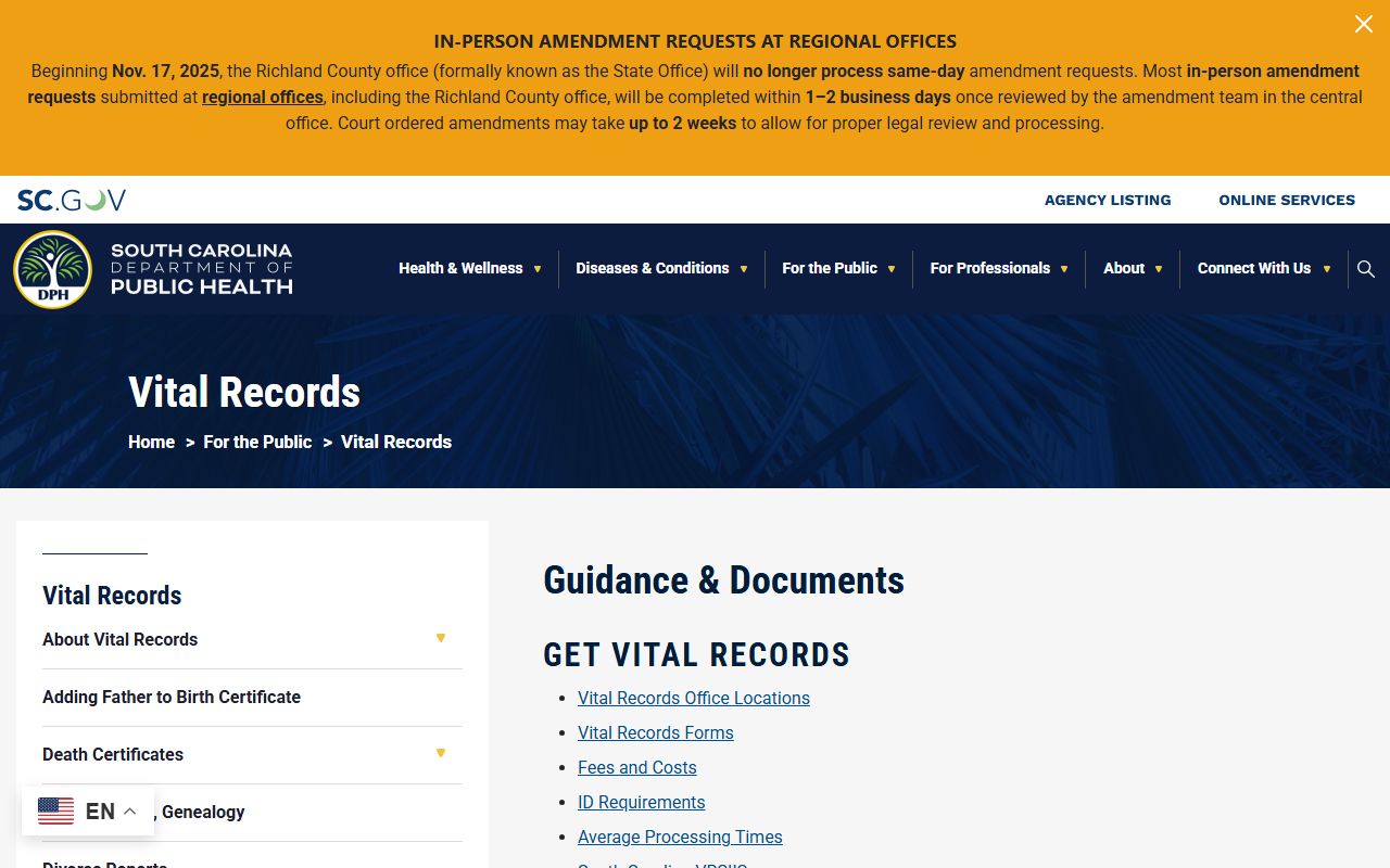 South Carolina Department of Public Health vital records main page for genealogy research