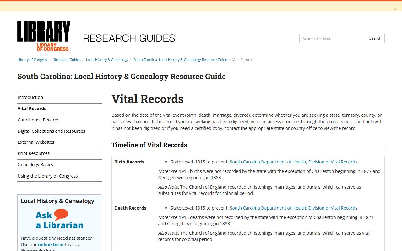 Library of Congress South Carolina genealogy vital records guide