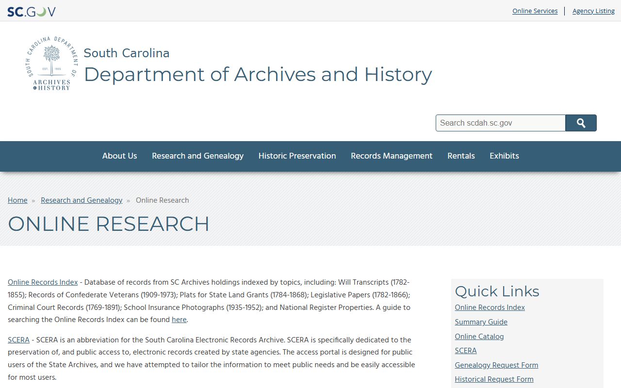 South Carolina Archives online research portal for genealogy collections