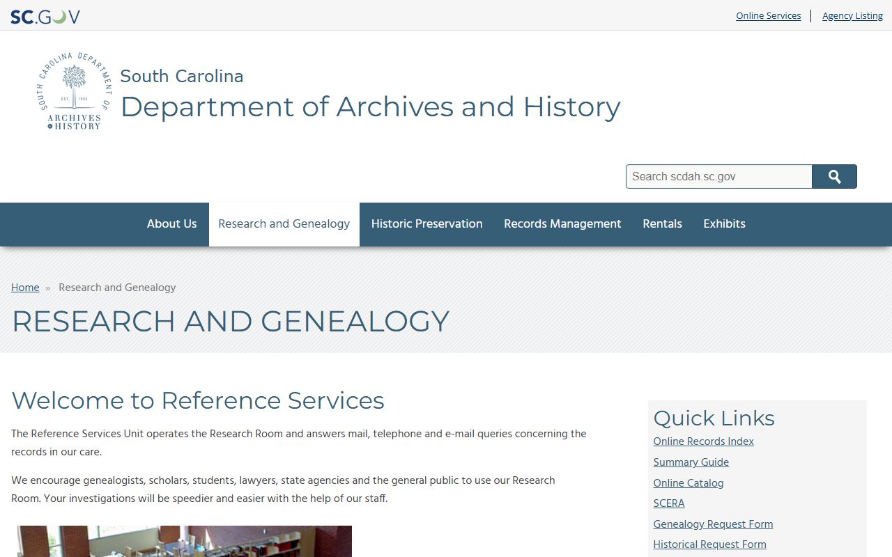South Carolina Department of Archives and History research portal for genealogy records