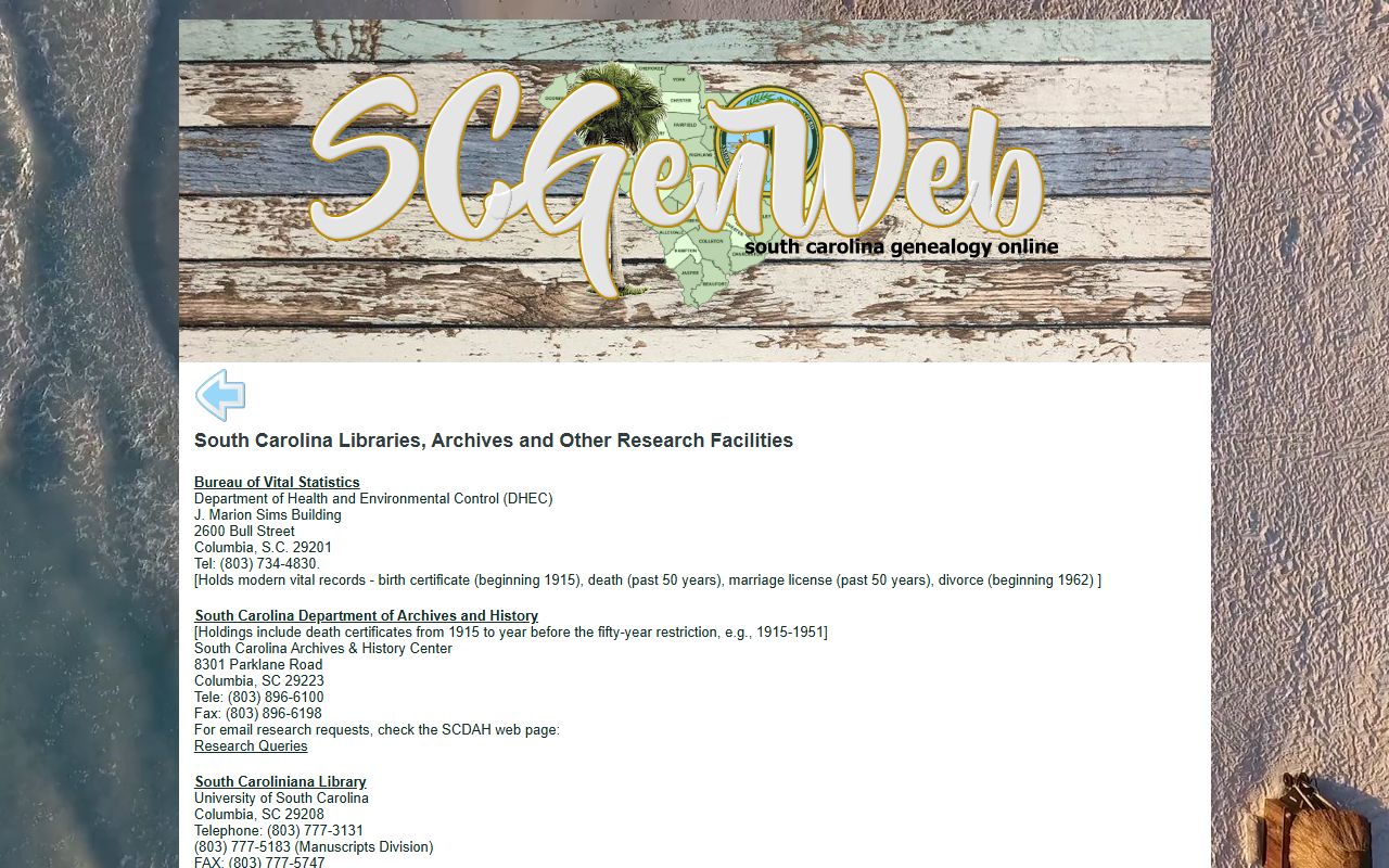 SCGenWeb Archives for South Carolina genealogy records organized by county